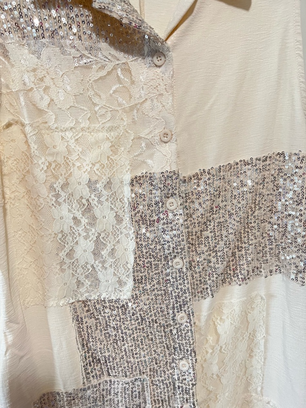 ORIGAMI Cream Sleeveless Sequin & Lace Patchwork Dress/Duster with Side Pockets - Picture 5 of 8